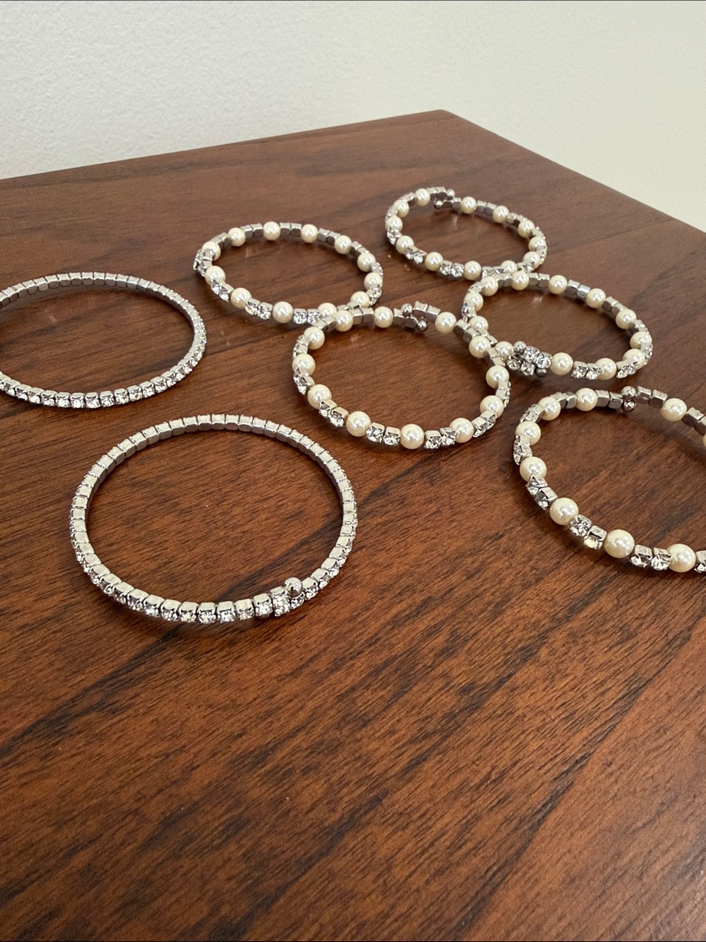 Pearl & Crystal Multi-Row Stretch Bracelet - White Pearls and Silver Crystals - Picture 4 of 6